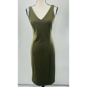 Metaphore‎ Olive Green Fitted Bodycon Sleeveless Stretchy V-Neck Midi Dress